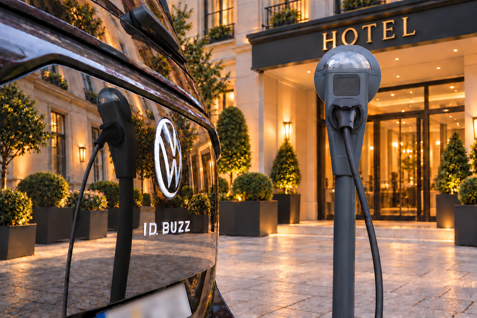 Bildmontage: Parkuhr-Prototyp vor einem KI-generierten Hotel