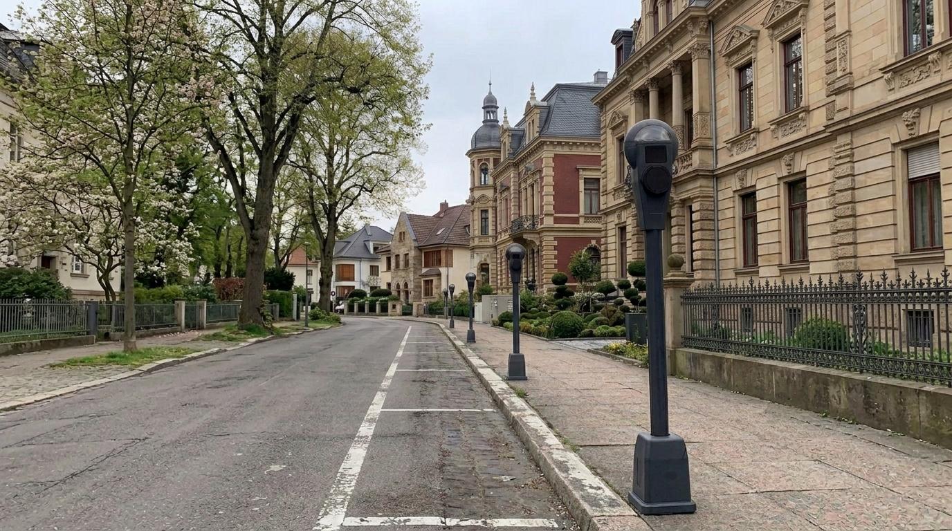 Bildmontage: Parkuhr-Prototypen in einer KI-generierten hochwertigen Wohnstraße
